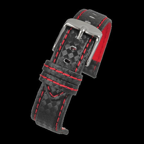 24mm Premium Black Carbon Fibre Watch Strap with Red Stitching